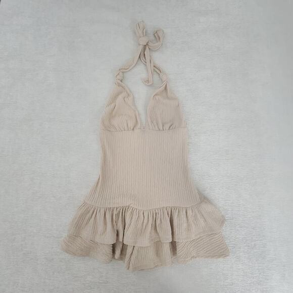 Shein Allurite Deep Vneck Halter Ruffle hem mini dress beige Size Small Festival - Picture 5 of 8